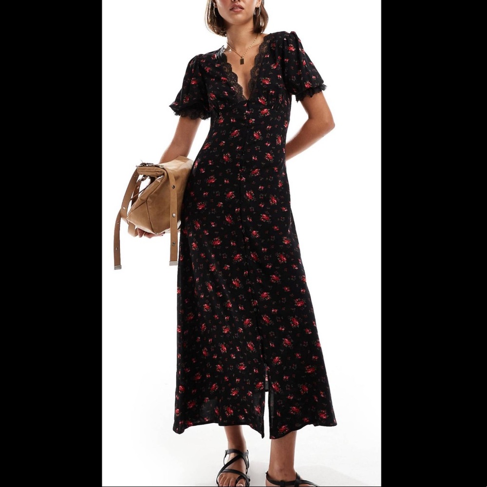 Miss Selfridge lace trim button through midi dress